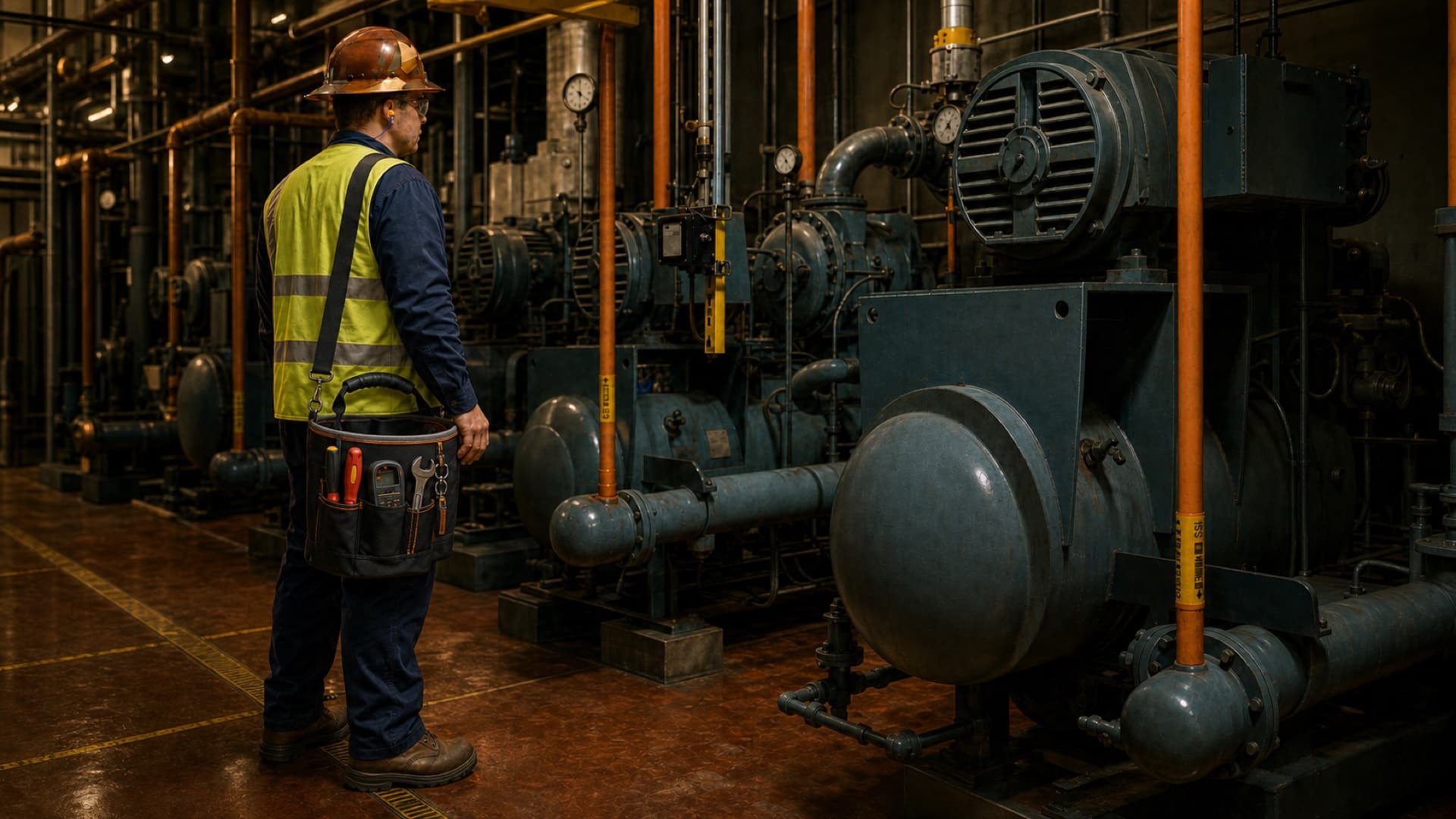 An ammonia refrigeration technician facing industrial compressors in a machinery room